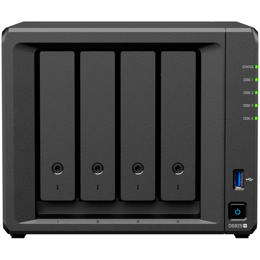 Synology DiskStation DS925+ Tower, 4-Bays 3.5'' SATA HDD/SSD, 2 x M.2 2280 NVMe SSD slot, CPU AMD Ryzen V1500B 4-core 2.2 GHz, 4 GB DDR4 ECC SODIMM, 2x RJ-45 2.5 GbE LAN Port; 2x USB 3.2; 1 xUSB Type-C expansion port; 2.26 kg; 3yr warranty
