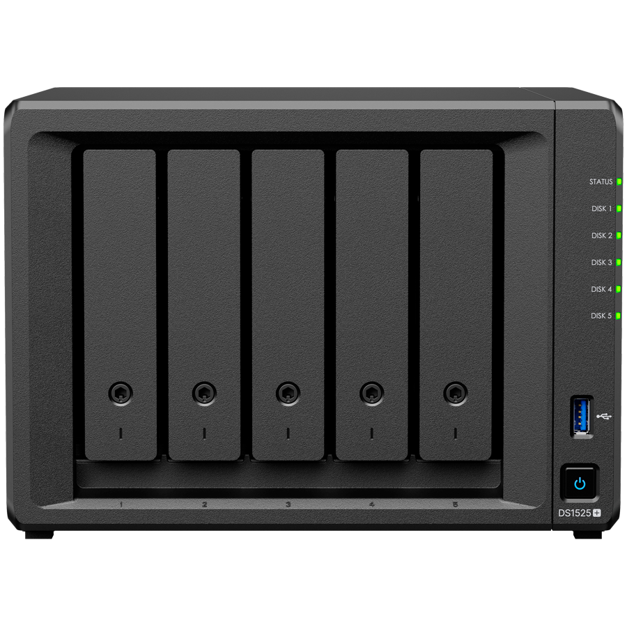 Synology DiskStation DS1525+ Tower, 5-Bays 3.5'' SATA HDD/SSD, 2 x M.2 2280 NVMe SSD slot, CPU AMD Ryzen V1500B 4-core 2.2 GHz, 8 GB DDR4 ECC SODIMM, 2x RJ-45 2.5 GbE LAN Port; 2x USB 3.2; 1 xUSB Type-C expansion port; 2.67 kg; 3yr warranty
