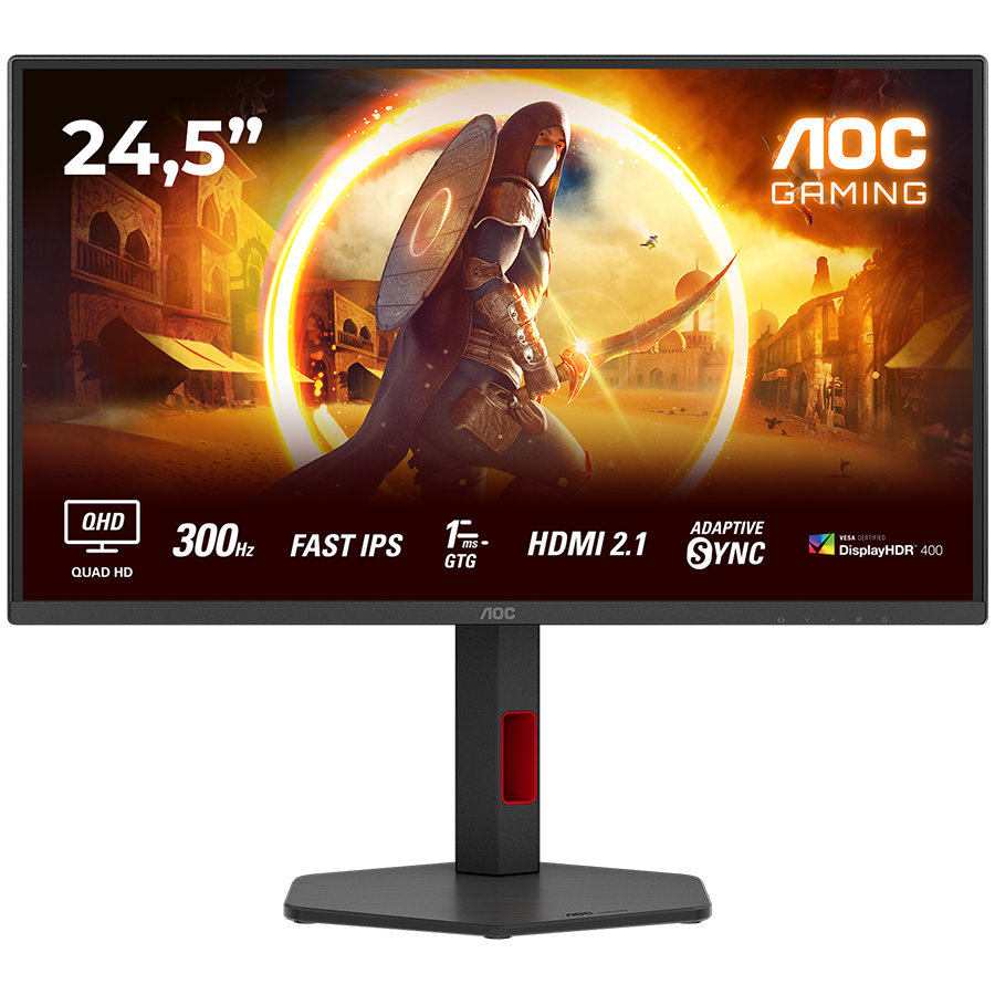 AOC MONITOR Q25G4SR, GAMING 25'', G, 300HZ, FAST IPS, 2560x1440, 0.3 MS, 80M:1, 300 CD/M, TILT, HEIGHT ADJUSTABLE, SWIVEL, PIVOT, 2X HDMI, DISPLAY PORT, 3YW, BLACK-RED