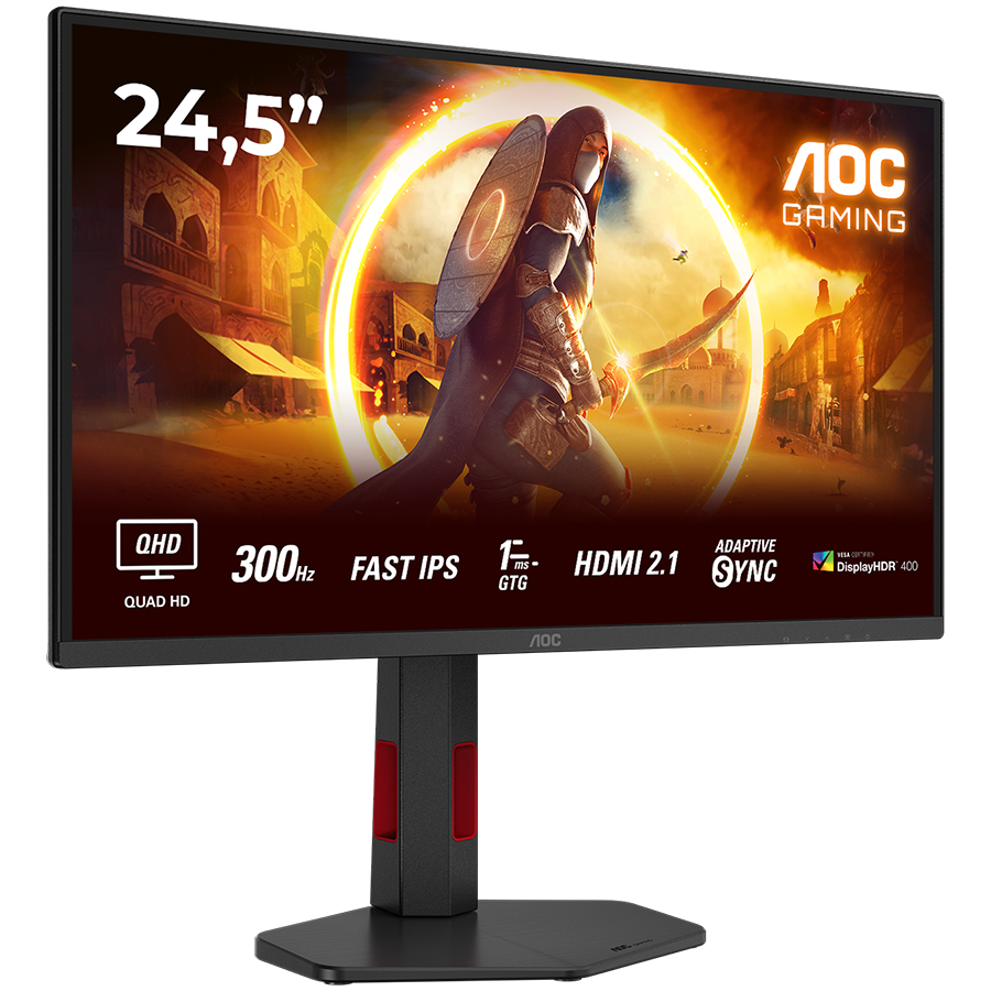 AOC MONITOR Q25G4SR, GAMING 25'', G, 300HZ, FAST IPS, 2560x1440, 0.3 MS, 80M:1, 300 CD/M, TILT, HEIGHT ADJUSTABLE, SWIVEL, PIVOT, 2X HDMI, DISPLAY PORT, 3YW, BLACK-RED - Image 2