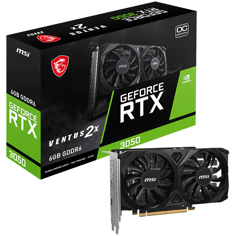 MSI GeForce RTX 3050 Ventus 2X E 6G OC Gaming Graphics Card 6GB GDDR6, 1492 MHz, PCI Express Gen 4, 96-bit, 1x DP (v1.4a), 2X HDMI 2.1 (Supports 4K)