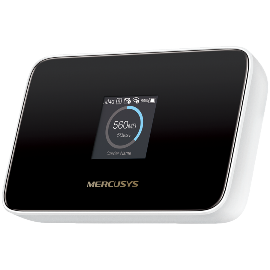 Mercusys 150Mbps 4G LTE Mobile Wi-Fi, Build-In 150Mbps 4G LTE Modem, 287 Mbps at 2.4 GHz, 4G Cat4 150/50 Mbps, 1.44 Inch Screen Display, MERCUSYS App, Build-In 2200 mAh Rechargeable Battery, connect up to 10 devices