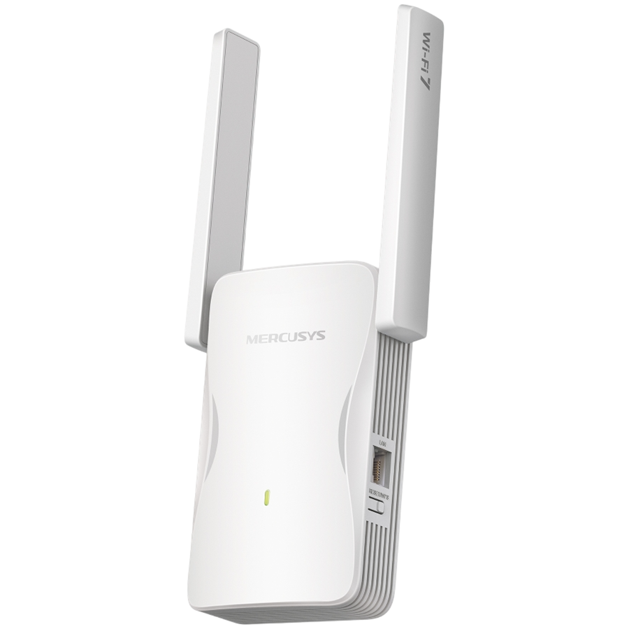 Mercusys ME25BE BE3600 Wi-Fi 7 Range Extender, 688 Mbps at 2.4 GHz + 2882 Mbps at 5 GHz, 2x Fixed External Antennas, 1x Gigabit Port, MERCUSYS APP, WPS/Reset Button, Signal Indicator, Range Extender/Access, Adaptive Path Selection, Access Control