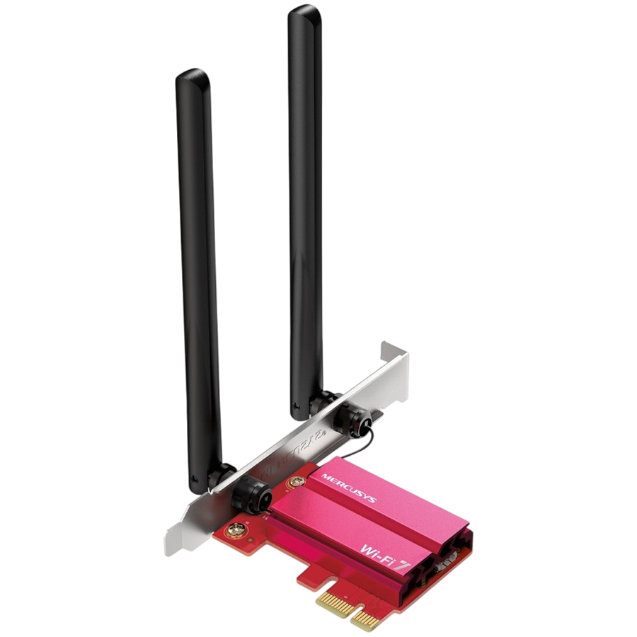Mercusys MA37BE BE6500 WiFi 7 Bluetooth 5.4 PCIe Adapter, 2402 Mbps at 6 GHz + 2402 Mbps at 5 GHz + 574 Mbps at 2.4 GHz, 2x High Gain Tri-Band External Antennas, Wi-Fi 6E, MU-MIMO, OFDMA, 1024 QAM, HE160, WPA3, Bluetooth 5.4, Windows 11