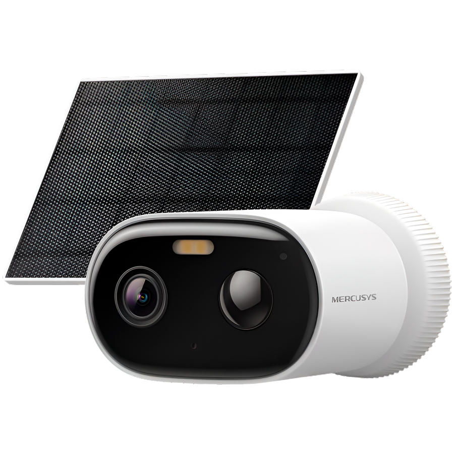 Mercusys MC410 KIT Solar-Power Security Camera Kit, 2K Res. (2304x1296), Bullet Camera, Built-in Microphone and Speaker, Color Night Vision, 2.4 GHz & 5 GHz Wi-Fi, 5 W Max Charging Power, IP65, MERCUSYS APP, Smart Detection and Notifications