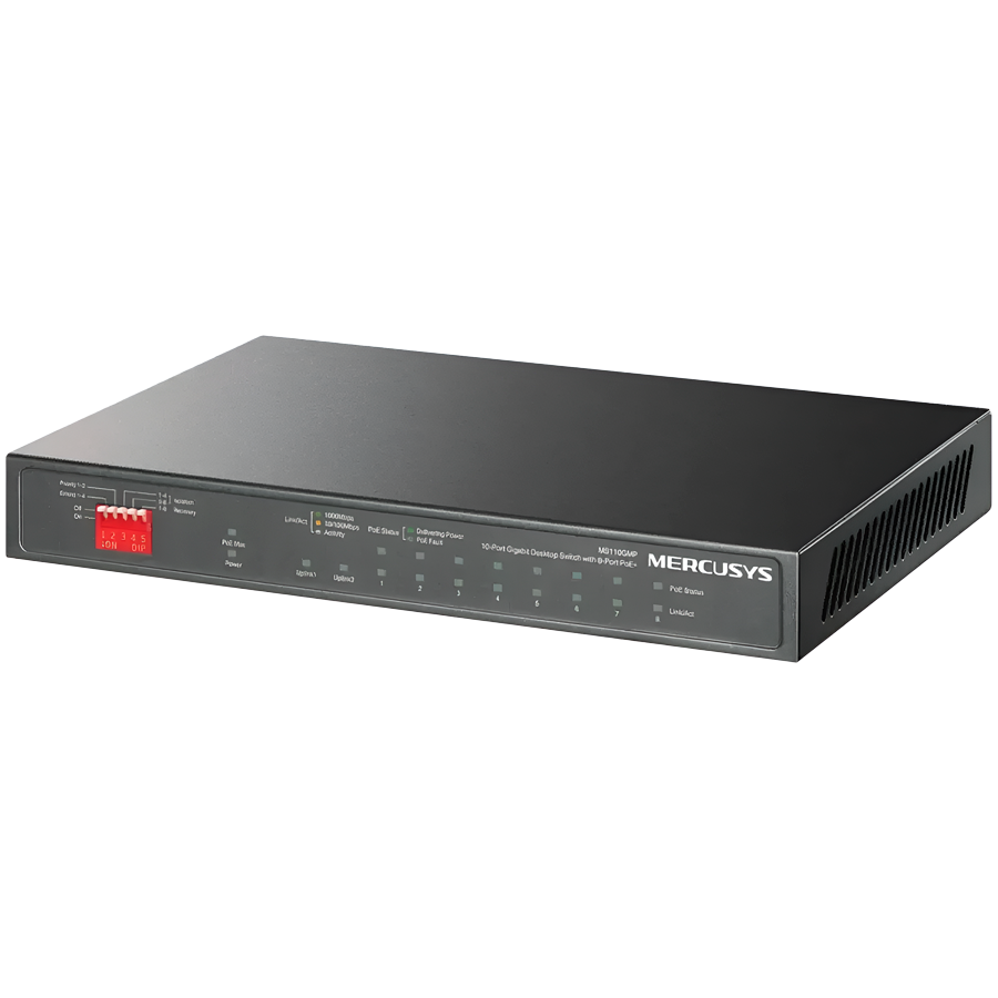Mercusys MS112GMP 12-Port Gigabit Desktop Switch with 8-Port PoE+, 8x G PoE+ Ports, 2x G Non-PoE Ports, 2x G SFP Slots, 110 W PoE Power, Desktop Steel Case, Wall Mounting, Extend Mode for 250m PoE Transmitting, Priority Port 1-2, Isolation Mode