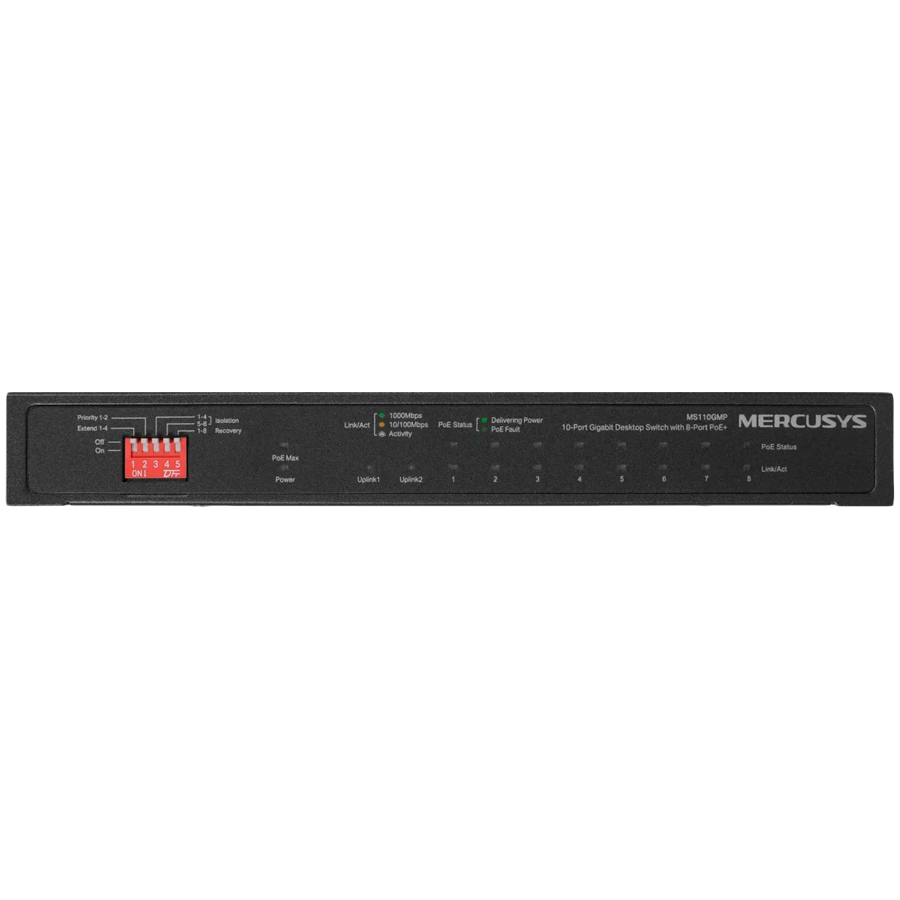 Mercusys MS112GMP 12-Port Gigabit Desktop Switch with 8-Port PoE+, 8x G PoE+ Ports, 2x G Non-PoE Ports, 2x G SFP Slots, 110 W PoE Power, Desktop Steel Case, Wall Mounting, Extend Mode for 250m PoE Transmitting, Priority Port 1-2, Isolation Mode - Image 2
