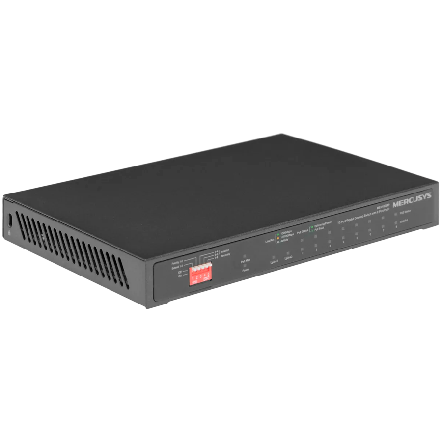 Mercusys MS112GMP 12-Port Gigabit Desktop Switch with 8-Port PoE+, 8x G PoE+ Ports, 2x G Non-PoE Ports, 2x G SFP Slots, 110 W PoE Power, Desktop Steel Case, Wall Mounting, Extend Mode for 250m PoE Transmitting, Priority Port 1-2, Isolation Mode - Image 3