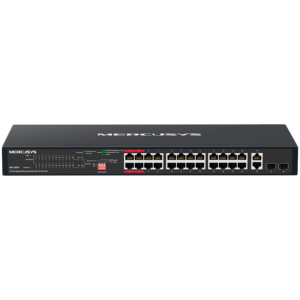 Mercusys MS128GP 28-Port Gigabit Rackmount Switch with 24-Port PoE+, 24x Gigabit PoE+ Ports, 2x Gigabit Non-PoE Ports, and 2x Gigabit SFP Slots, 295 W PoE Power, Rackmountable Steel Case, Extend Mode for 250m PoE Transmitting, Isolation Mode