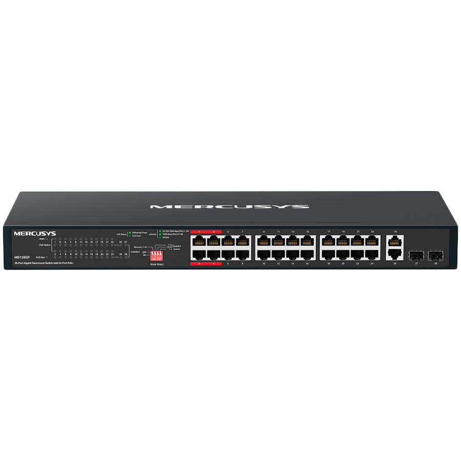 Mercusys MS128GP 28-Port Gigabit Rackmount Switch with 24-Port PoE+, 24x Gigabit PoE+ Ports, 2x Gigabit Non-PoE Ports, and 2x Gigabit SFP Slots, 295 W PoE Power, Rackmountable Steel Case, Extend Mode for 250m PoE Transmitting, Isolation Mode