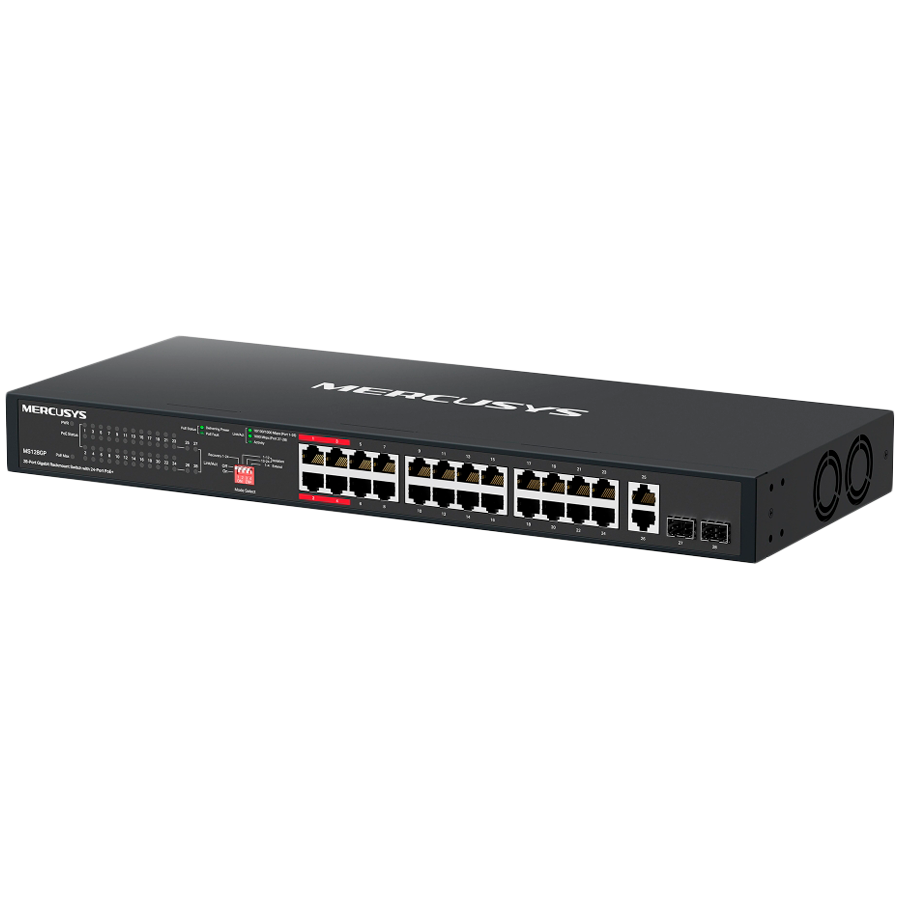 Mercusys MS128GP 28-Port Gigabit Rackmount Switch with 24-Port PoE+, 24x Gigabit PoE+ Ports, 2x Gigabit Non-PoE Ports, and 2x Gigabit SFP Slots, 295 W PoE Power, Rackmountable Steel Case, Extend Mode for 250m PoE Transmitting, Isolation Mode - Image 2