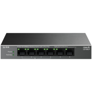 TP-Link LS106LP 6-Port 10/100 Mbps Desktop Switch with 4-Port PoE, 4× 10/100 Mbps PoE Ports, 2× 10/100 Mbps Non-PoE Ports, 802.3af, 41 W PoE Power, Desktop Steel Case, Extend Mode for 250m PoE Transmitting, PoE Auto Recovery, Plug and Play