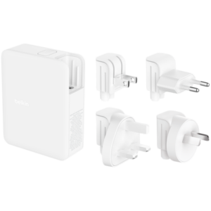 BELKIN 140w 4-ports USB GaN Wall Charger with UK, EU, US plug tips, White