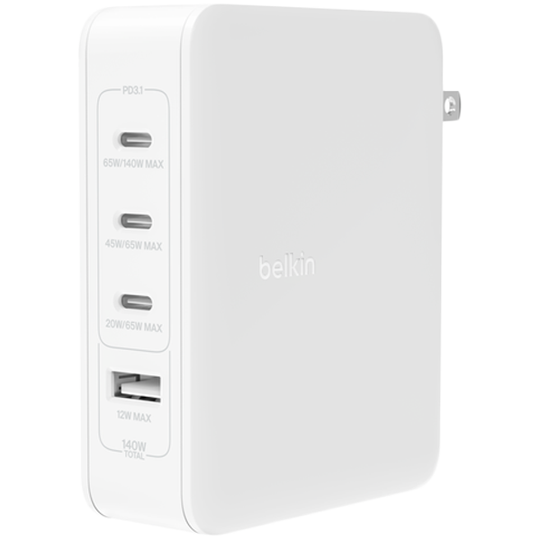 BELKIN 140w 4-ports USB GaN Wall Charger with UK, EU, US plug tips, White - Image 2