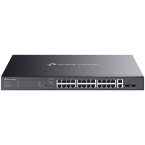 TP-Link ES228GMP Omada 28-Port Gigabit Easy Managed Switch with 24-Port PoE+, 24x Gigabit PoE+ Ports, 2x Gigabit Non-PoE Ports, 2x Gigabit SFP Ports, 384W PoE Power, 1U 19-inch Rack-mountable Steel Case, Omada App.Fast PoE,Perpetual PoE,Flow Control