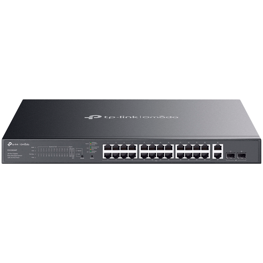 TP-Link ES228GMP Omada 28-Port Gigabit Easy Managed Switch with 24-Port PoE+, 24x Gigabit PoE+ Ports, 2x Gigabit Non-PoE Ports, 2x Gigabit SFP Ports, 384W PoE Power, 1U 19-inch Rack-mountable Steel Case, Omada App.Fast PoE,Perpetual PoE,Flow Control