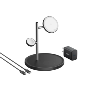 Anker MagGo Wireless Charging Station (15W, 3-in-1 Stand) with cable and charger bundle