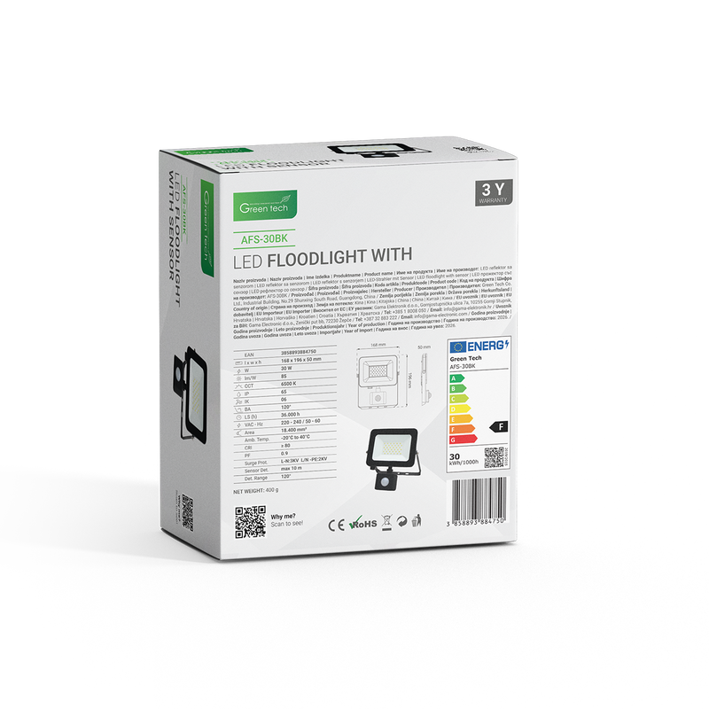 GREEN TECH LED reflektor sa senzorom Green Tech 2550 lm, 30W, 6500K, IP65, crni - AFS-30BK - Image 5