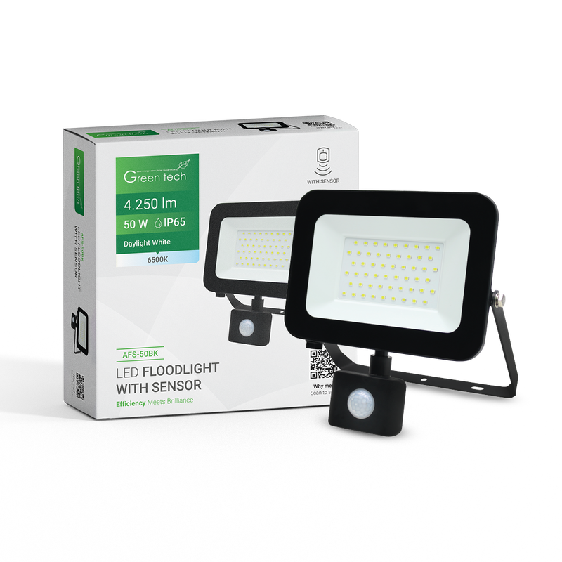 GREEN TECH LED reflektor sa senzorom Green Tech 4250 lm, 50W, 6500K, IP65, crni - AFS-50BK