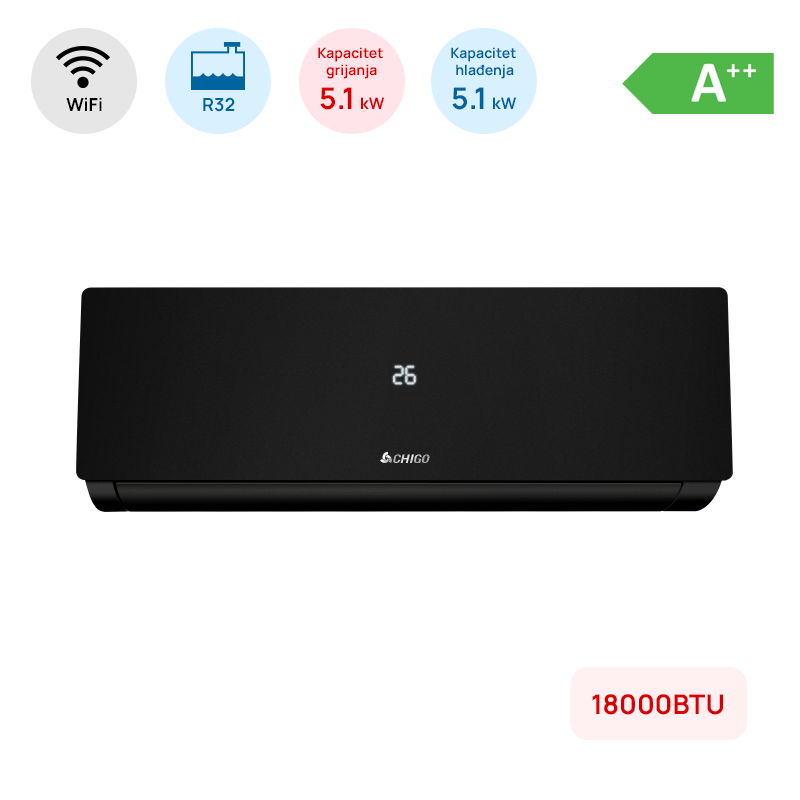 Chigo 18000BTU crna inverter klima uredjaj sa ugradjenim WiFi modulom i grijacem spoljne jedinice