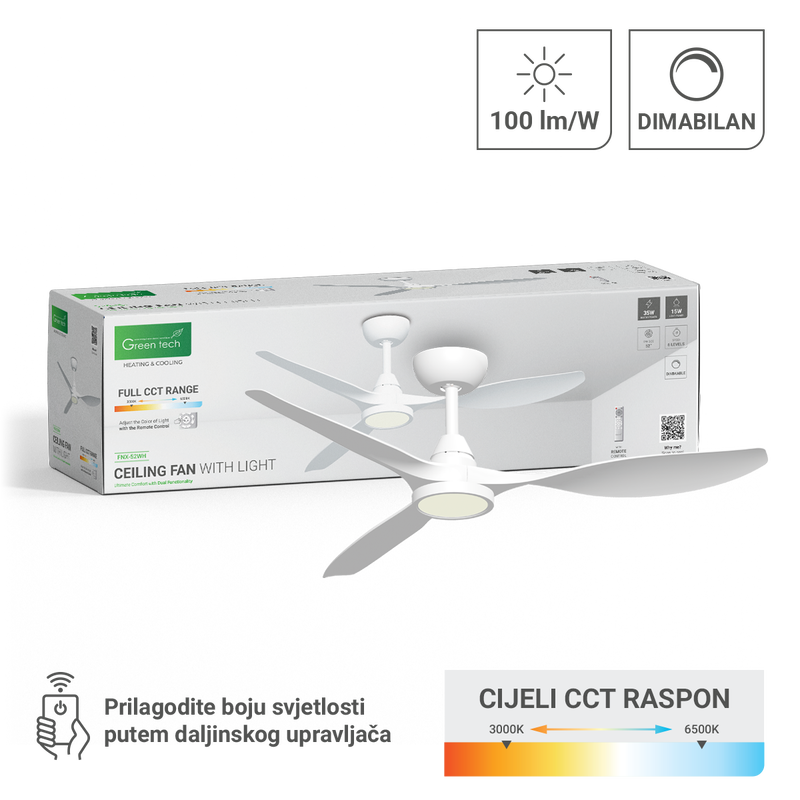 GREEN TECH Stropni ventilator sa svjetiljkom Green Tech, 52", 15W, 3CCT, Bijeli - FNX-52WH