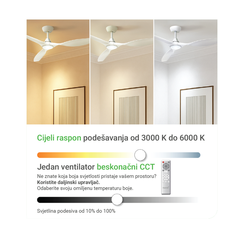 GREEN TECH Stropni ventilator sa svjetiljkom Green Tech, 52", 15W, 3CCT, Bijeli - FNX-52WH - Image 11