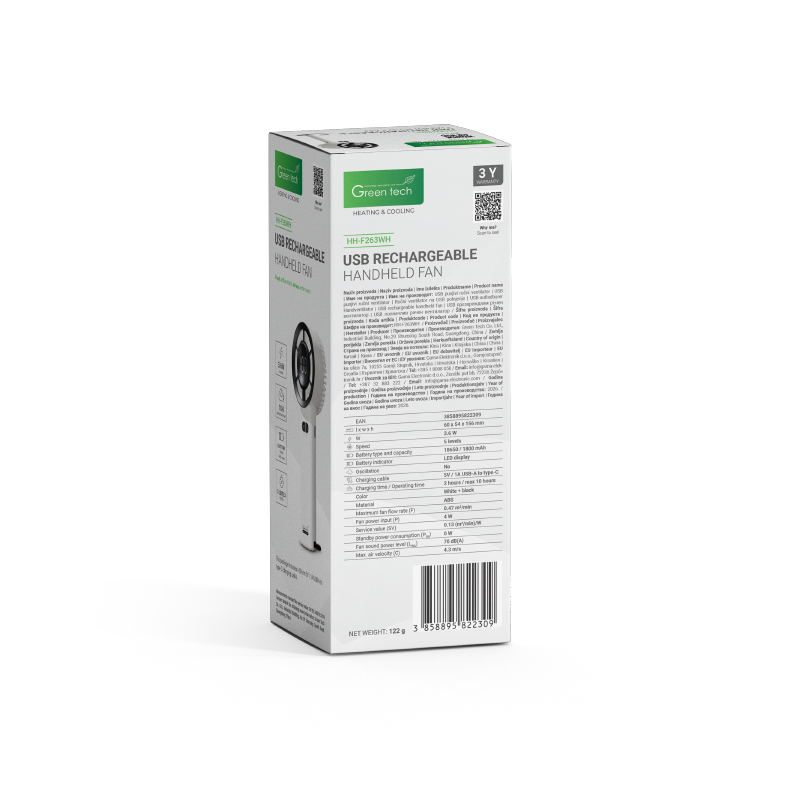 GREEN TECH Prijenosni ventilator Green Tech, 3.6W, bijeli, sa USB punjenjem - HH-F263WH - Image 3