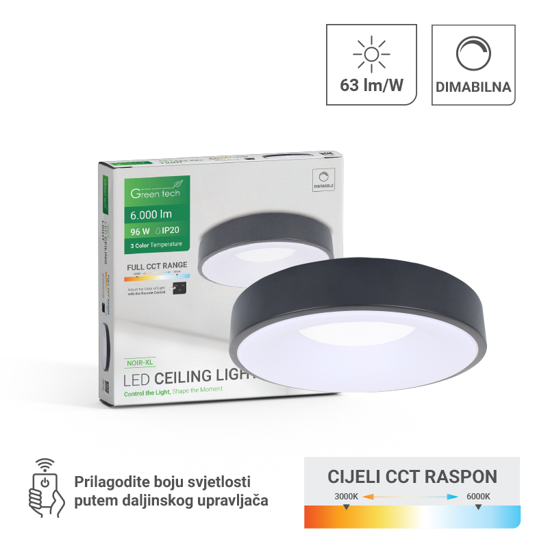 GREEN TECH Smart plafonjera Green Tech metalna 96W, 3CCT s daljinskim up., fi 60cm - NOIR-XL