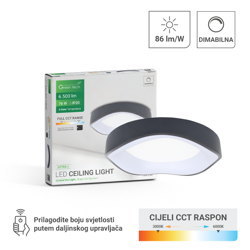 GREEN TECH Smart plafonjera Green Tech metalna 76W, 3CCT s daljinskim up., fi 52cm - ASTRA-L