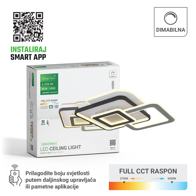 GREEN TECH Smart stropna dekorativna svjetiljka Green Tech 94W, 3CCT, dim, APP + daljinski - LUMINAFRAME-S