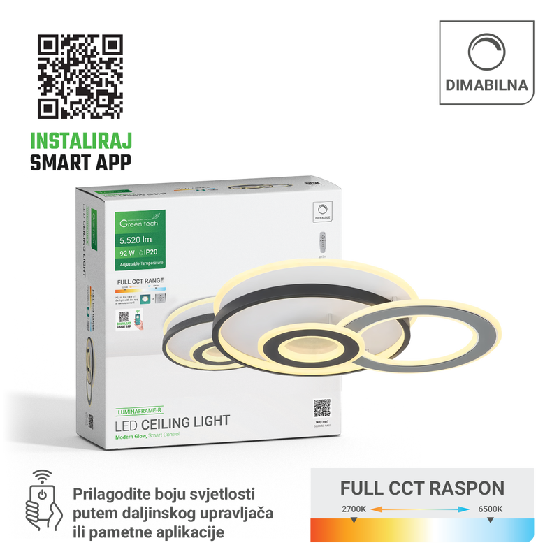 GREEN TECH Smart stropna dekorativna svjetiljka Green Tech 92W, 3CCT, dim, APP + daljinski - LUMINAFRAME-R