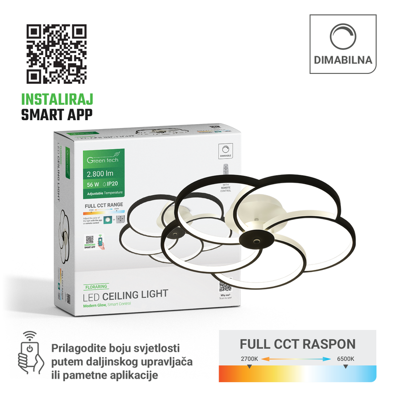GREEN TECH Smart stropna dekorativna svjetiljka Green Tech 56W, 3CCT, dim, APP + daljinski - FLORARING