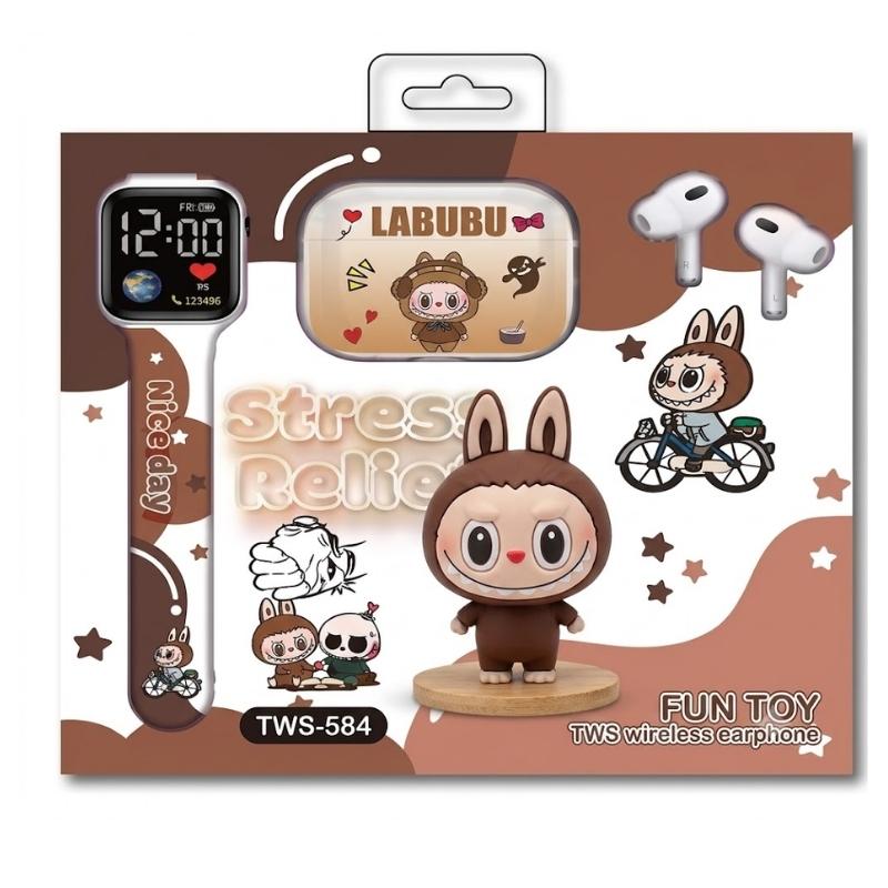 Poklon paket TWS-S84 fun toy 3 u 1 watch + TWS + toy smeđa