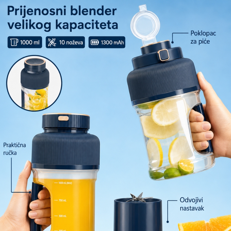 RAF R.2825B prijenosni blender 1000ml 10 noževa 1300 mAh plavi - Image 2