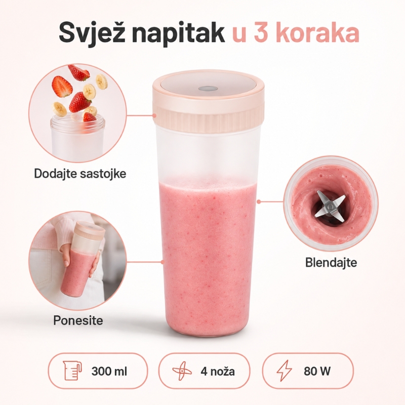 RAF R.2829P prijenosni blender 300 ml, 80 W, osam noževa, rozi - Image 2
