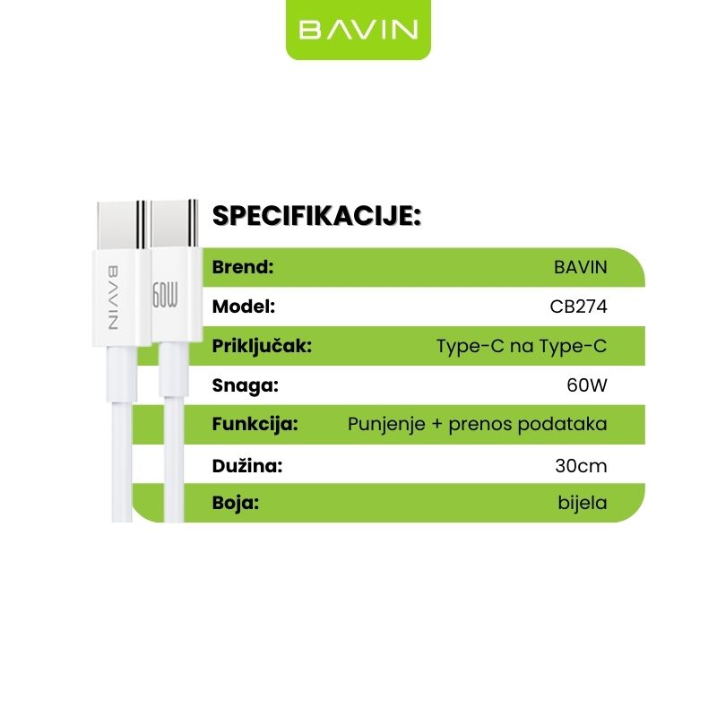 BAVIN CB274 kabal 60W PD 1M TYPE C na TYPE C - Image 2