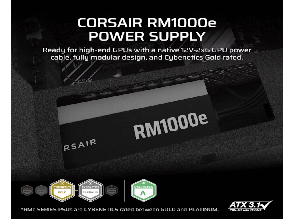 Corsair PSU 1000W RM1000eGold, Fully Modular, 12V-2x66xSATA, 3xPCIe, ATX 3.1, PCIe 5.1 - Image 3