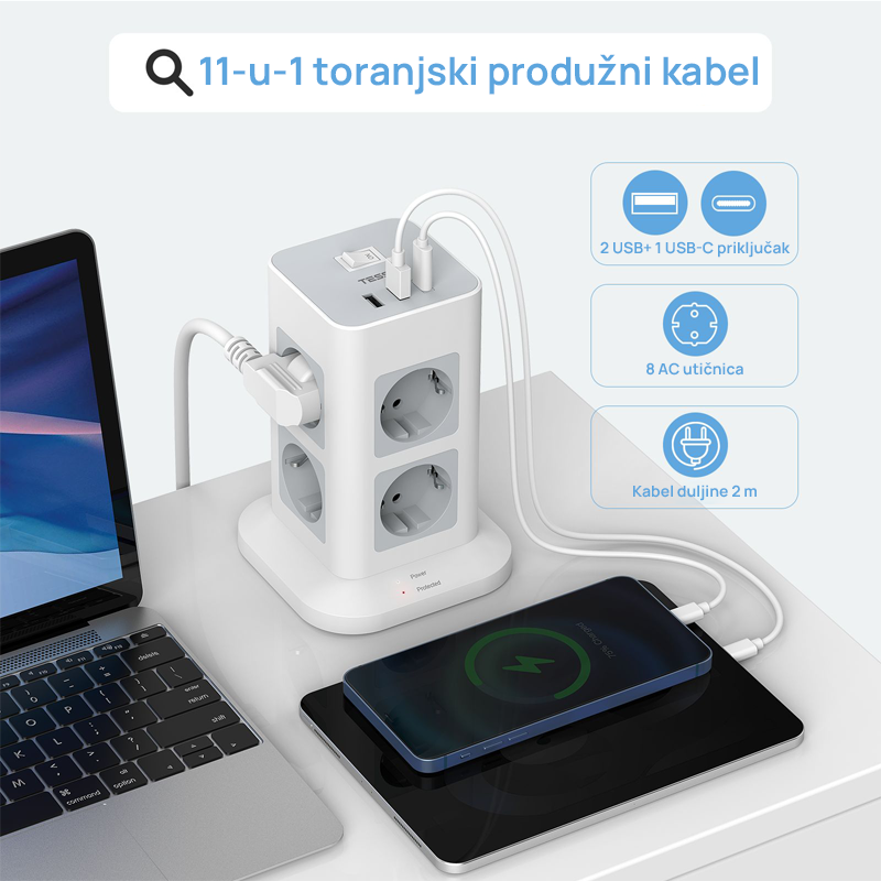 Tessan Produžni kabel Tessan TPS03-DE-C, 8x AC, 2x USB-A, 1x USB-C, 2m, 15W - Image 2