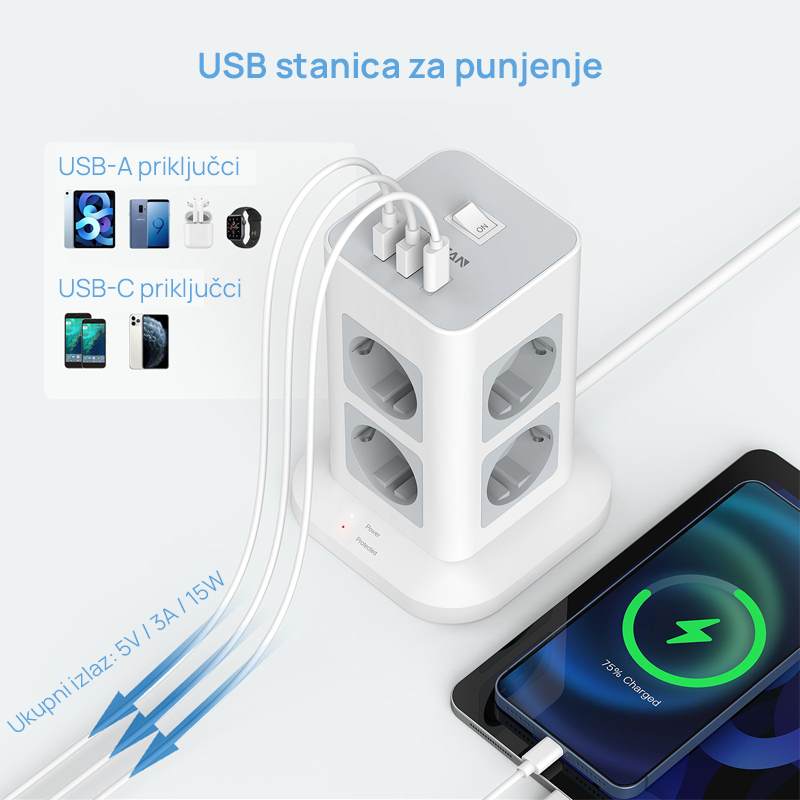Tessan Produžni kabel Tessan TPS03-DE-C, 8x AC, 2x USB-A, 1x USB-C, 2m, 15W - Image 3