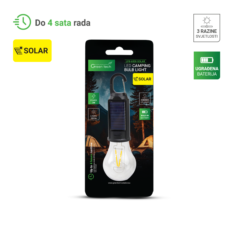 GREEN TECH LED SOLARNA kamping žarulja Green Tech, 3W, 3000K, 100 lm, 8/1 - LFB-6000-SOLAR