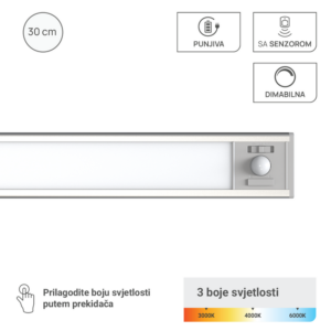 GREEN TECH LED svjetiljka Green Tech za ormare punjiva 1,5W, 3CCT, DIM, PIR senzor, srebrna - CAB-3CCT-S-SLV30