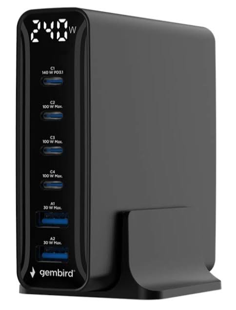 GEMBIRD 240W GaN 6-port USB Brzi Punjač | TA-UC-2A4C-PD240-01-BK Power Station Black